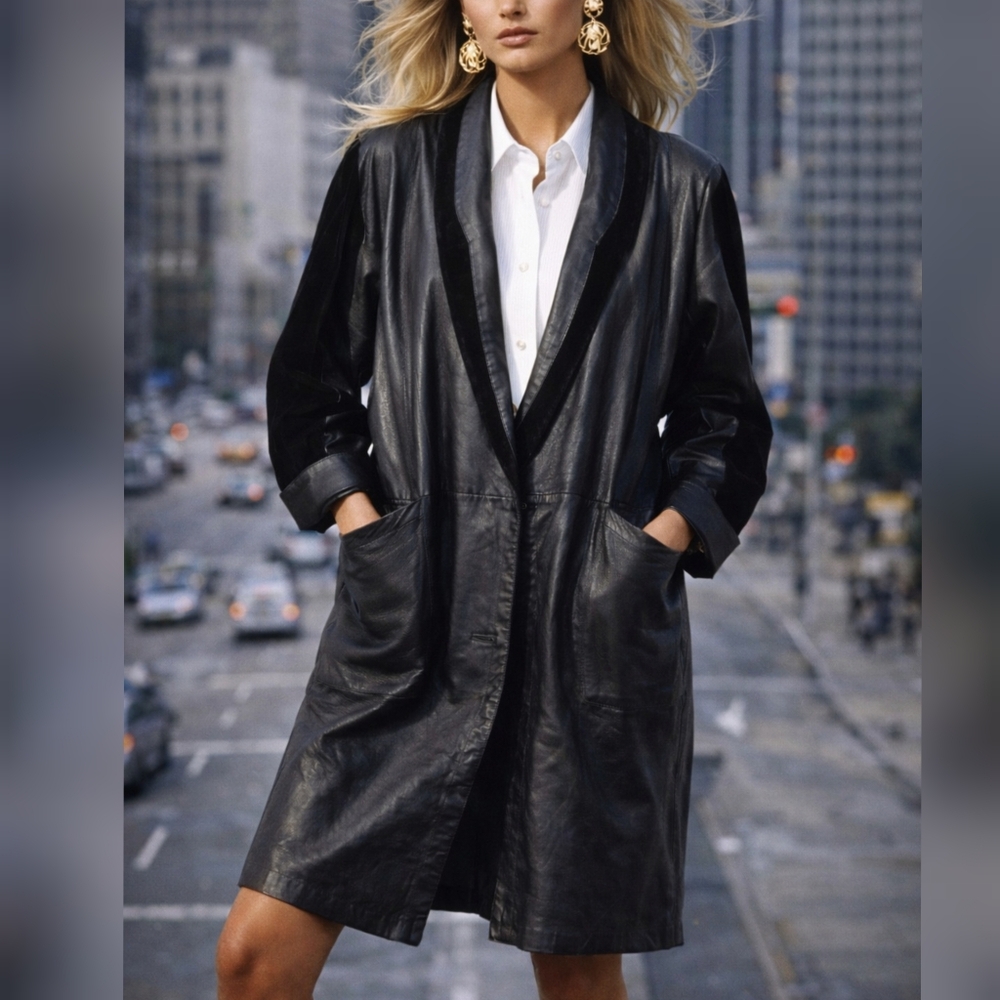 Margo's Vintage 80s 90s Black Oversized Women's Leather Trench Coat Sz XL